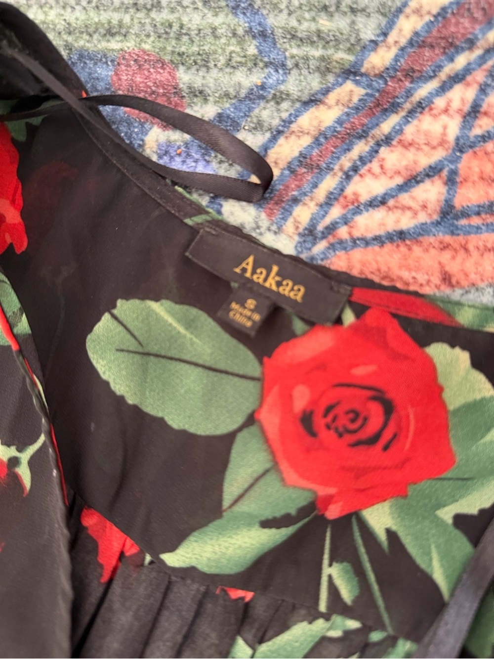 Aakaa Black Dress with Red Rose and Green Leaf Print